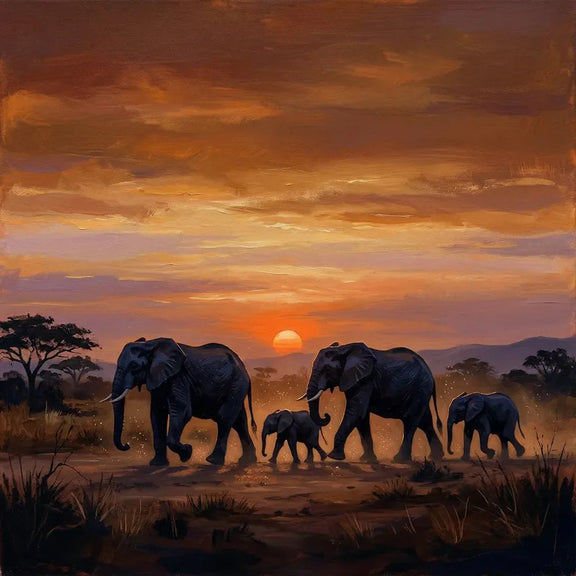 Timanttimaalaus, jossa elefanttiperhe kävelee savannilla auringonlaskussa.