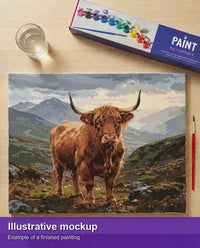 Thumbnail for Valmiin numeromaalauksen havainnekuva - Highland Cow in Mountains 50x40cm