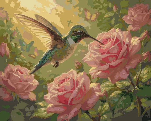 Hummingbird among roses paint by numbers