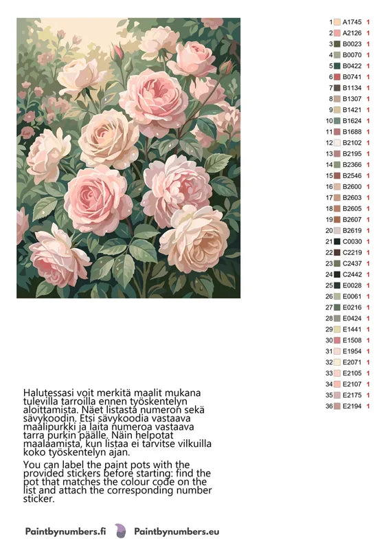 Paint by numbers color chart - Pink Rose Garden - väriluettelo ja ohjeet