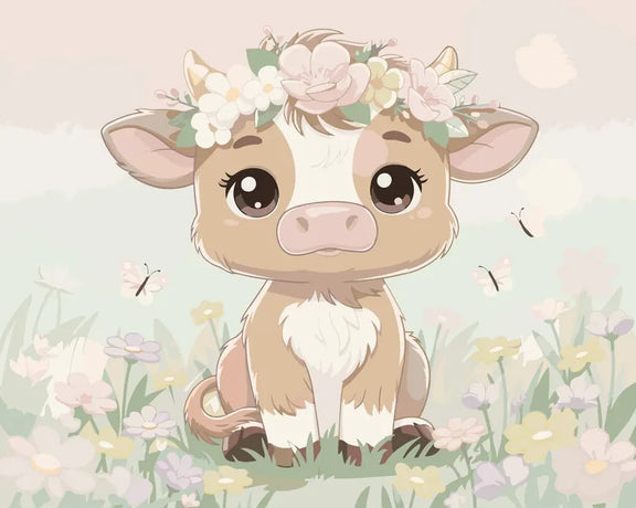 En ko med blomkrans omgiven av fjärilar och blommor