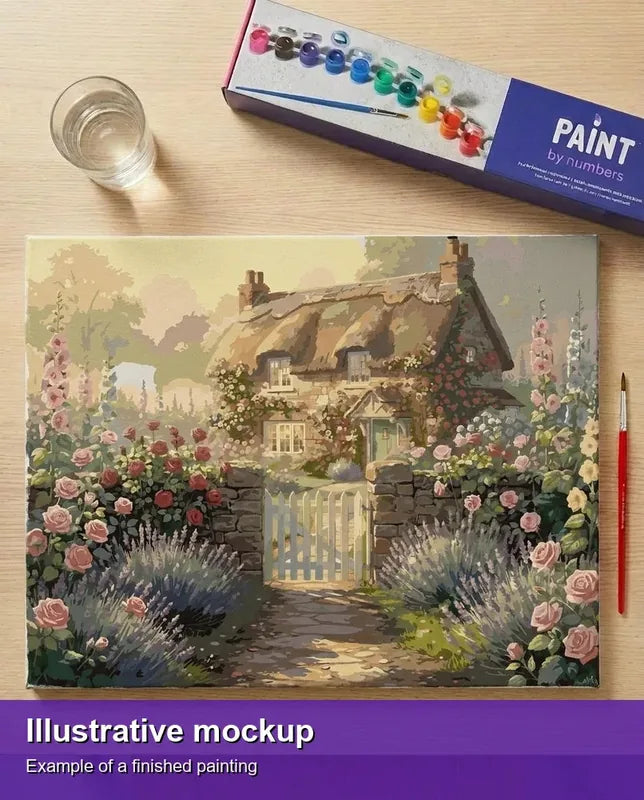 Valmiin numeromaalauksen havainnekuva - Cottage with Roses 50x40cm