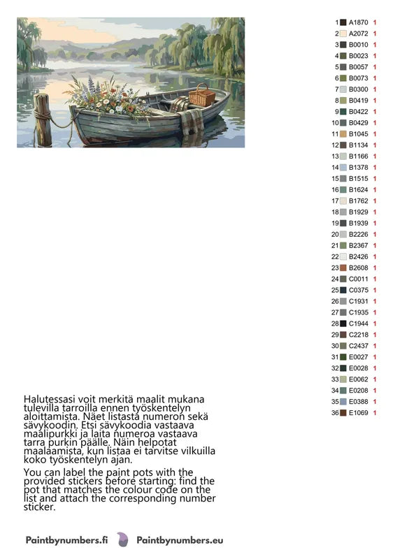Paint by numbers color chart - Boat with Flowers Lake - väriluettelo ja ohjeet