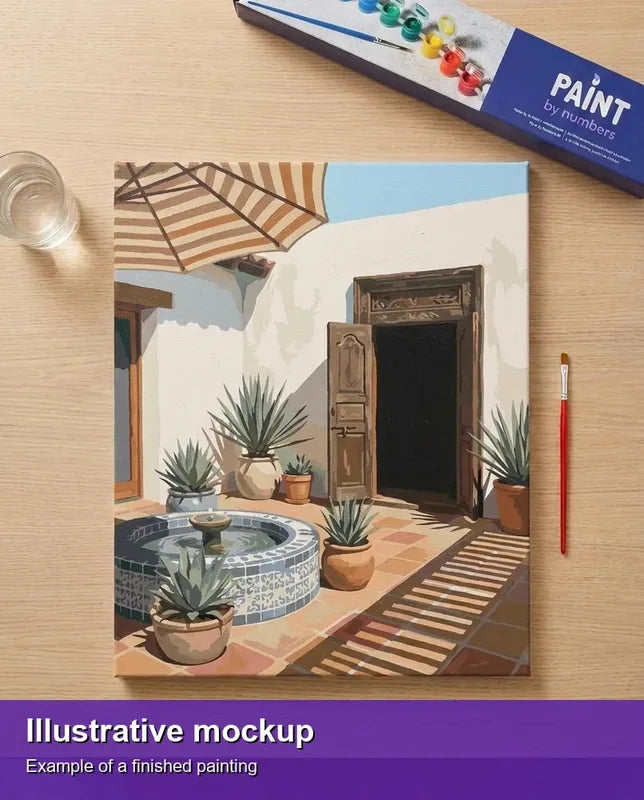 Valmiin numeromaalauksen havainnekuva - Courtyard Fountain and Plants 40x50cm