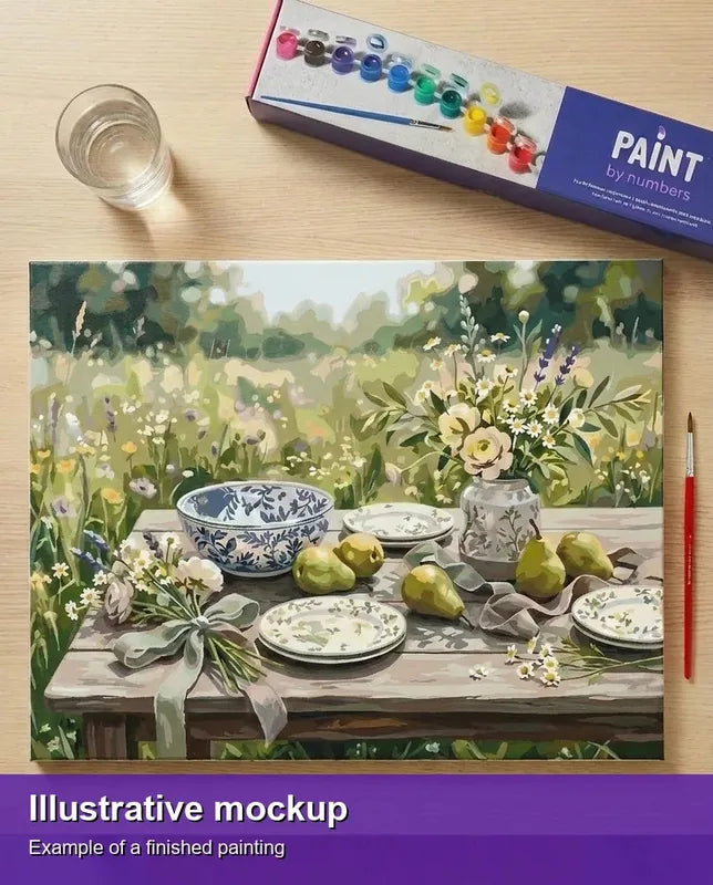 Valmiin numeromaalauksen havainnekuva - Pears and Flowers Picnic Table 50x40cm