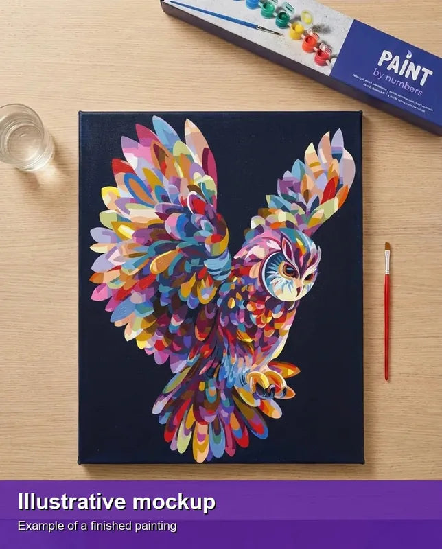 Valmiin numeromaalauksen havainnekuva - Colorful Owl in Flight 40x50cm