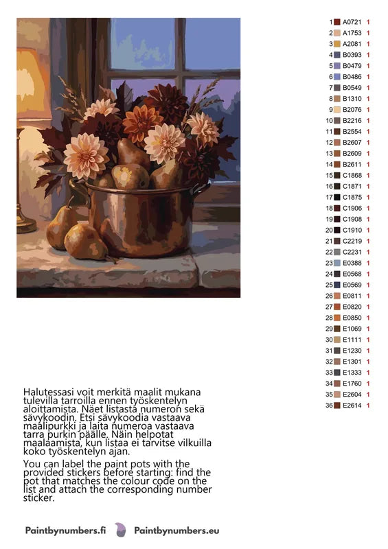 Paint by numbers color chart - Pears and Flowers in Copper Pot - väriluettelo ja ohjeet