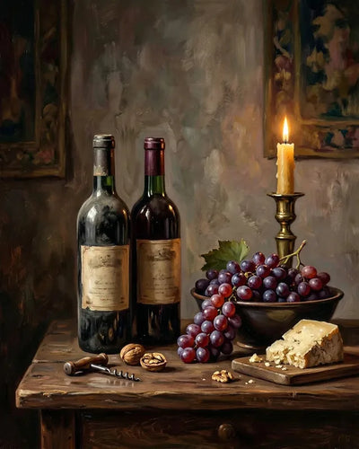 Timanttimaalaus klassinen asetelma viinipulloilla, kynttilällä, viinirypäleillä ja juustolla puupöydällä.