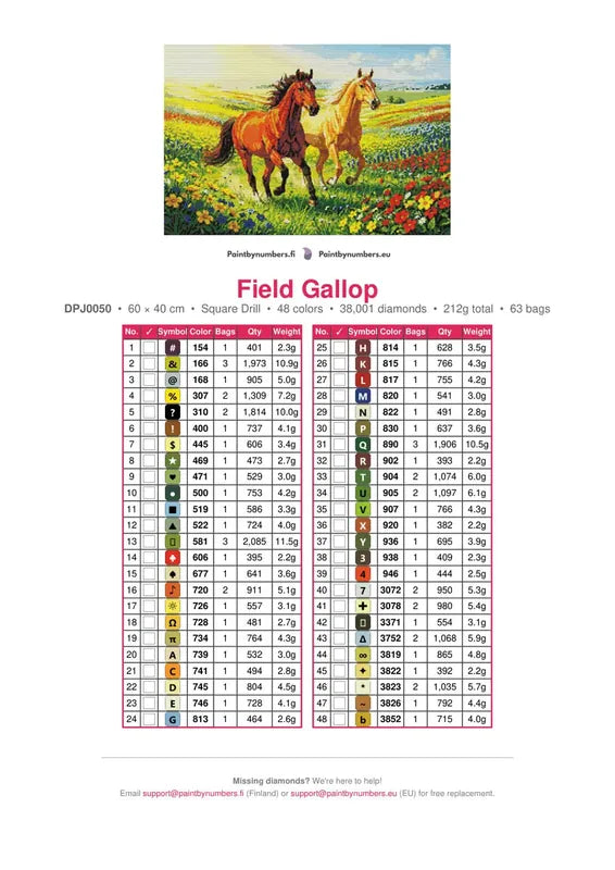 Field Gallop timanttimaalauksen värikartta – 48 DMC-väriä