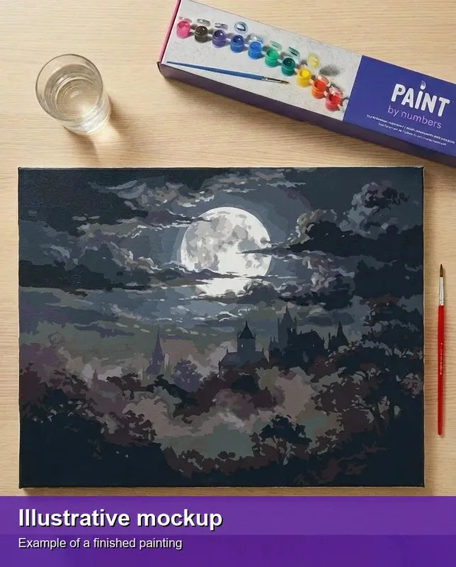 Valmiin numeromaalauksen havainnekuva - Castle Silhouette Moon 50x40cm