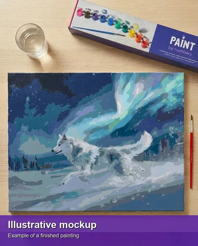 Valmiin numeromaalauksen havainnekuva - Running White Wolf 50x40cm