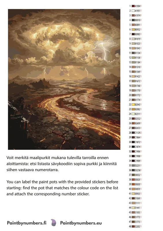 Paint by numbers color chart - Stormy Landscape with Lava - väriluettelo ja ohjeet