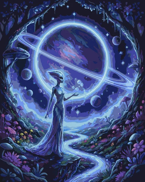 Alien and ringed planet in space paint by numbers