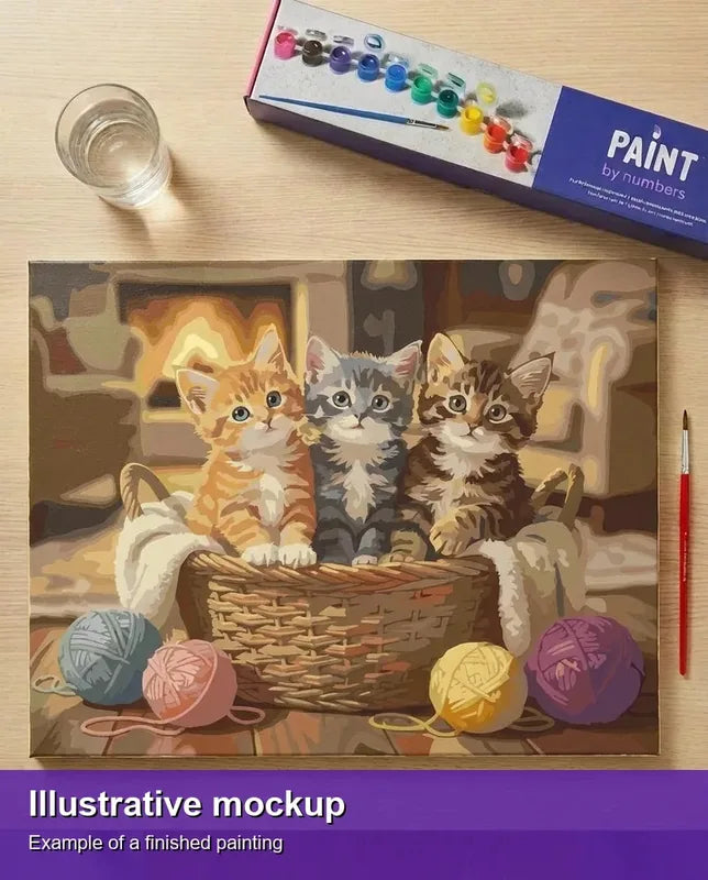 Valmiin numeromaalauksen havainnekuva - Cozy Kitten Trio 50x40cm