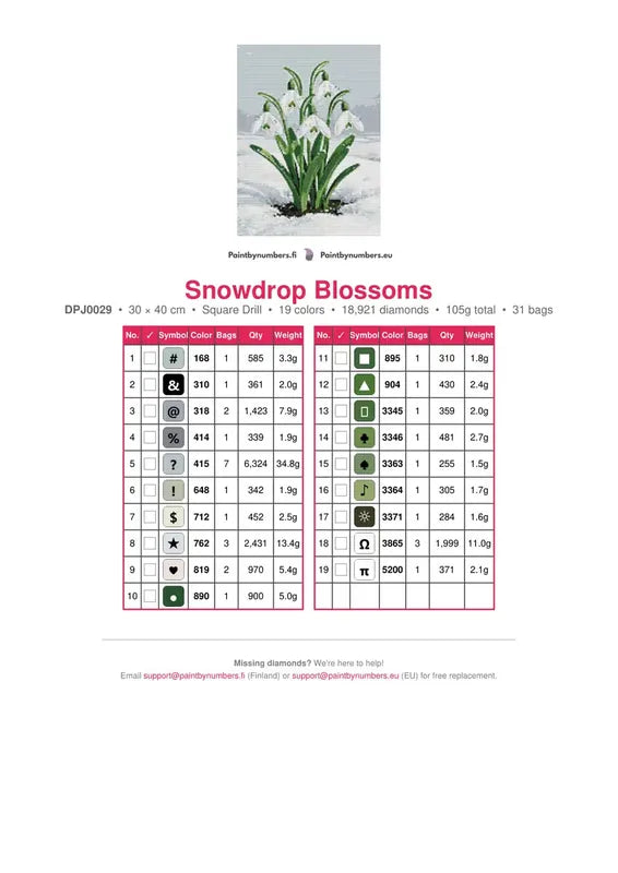 Snowdrop Blossoms timanttimaalauksen värikartta – 19 DMC-väriä