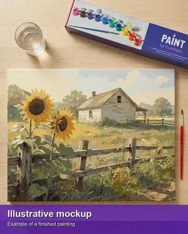 Valmiin numeromaalauksen havainnekuva - Sunflowers and Farmhouse 50x40cm