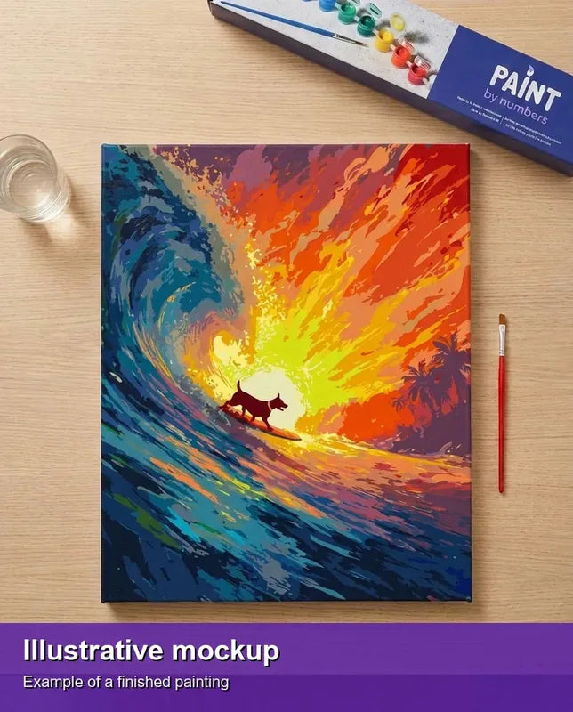 Valmiin numeromaalauksen havainnekuva - Dog Surfing Ocean Wave 40x50cm