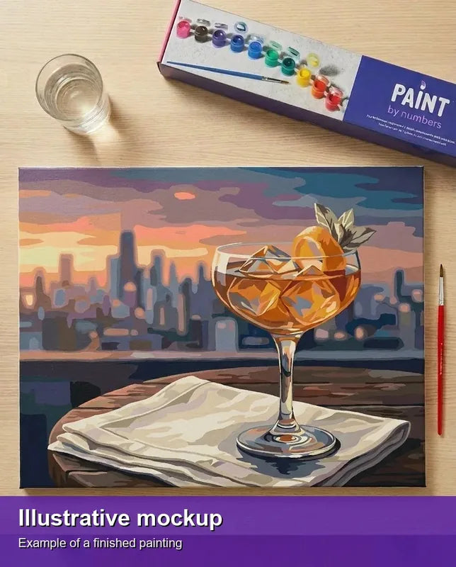 Valmiin numeromaalauksen havainnekuva - Cocktail Glass at Sunset 50x40cm