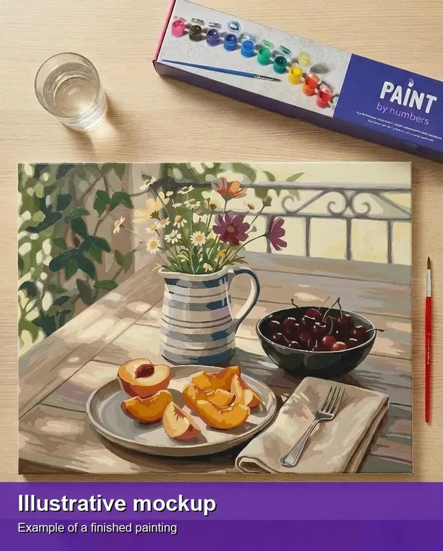 Valmiin numeromaalauksen havainnekuva - Peaches Cherries and Flowers 50x40cm