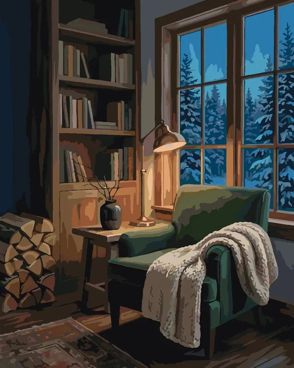 Armchair by a winter window with a bookshelf and blanket paint by numbers