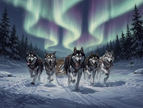 Huskyspann som drar träsläde på snöig stig under mintgrönt och turkost norrsken