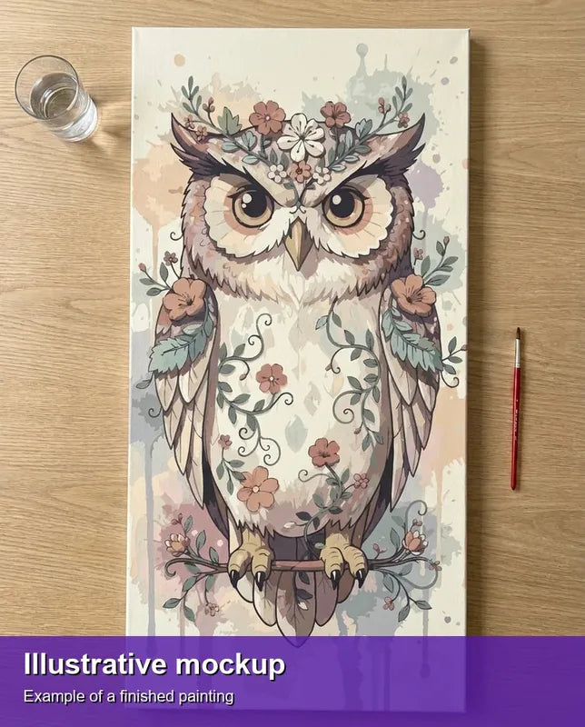 Valmiin numeromaalauksen havainnekuva - Owl with Flowers 40x80cm