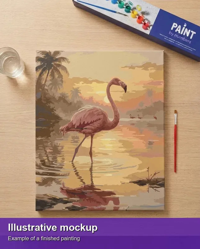 Valmiin numeromaalauksen havainnekuva - Sunset Flamingo Serenity 40x50cm