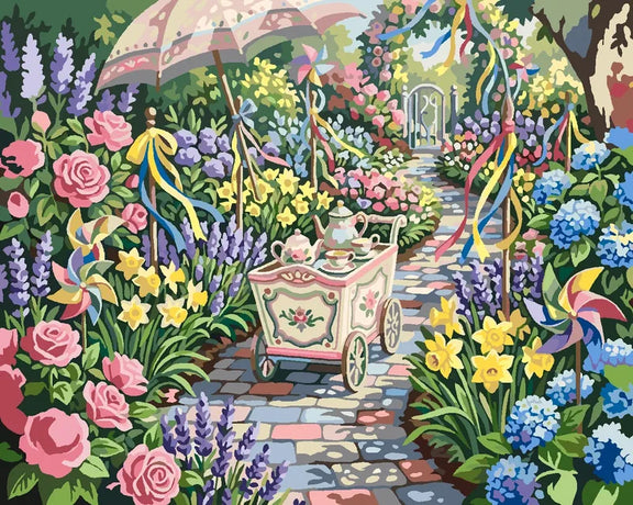 Tea cart in a flower garden with colorful blooms and decorations paint by numbers