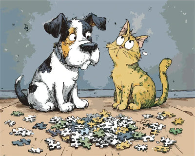 Kissa ja koira palapelin edessä. - renderöinti valmiista numeromaalauksesta