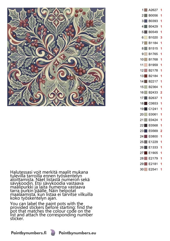 Color chart and instructions - Holly Leaves and Berries Pattern 50x50cm