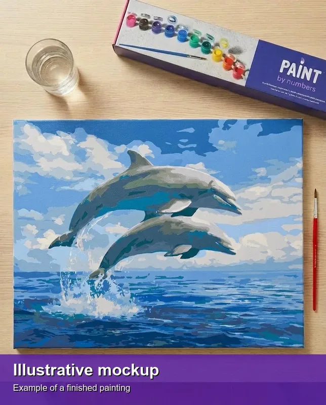 Valmiin numeromaalauksen havainnekuva - Jumping Dolphins 50x40cm