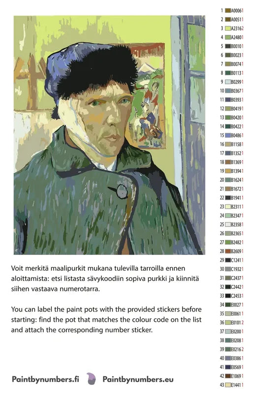 Paint by numbers color chart - Self Portrait with Bandaged Ear - väriluettelo ja ohjeet