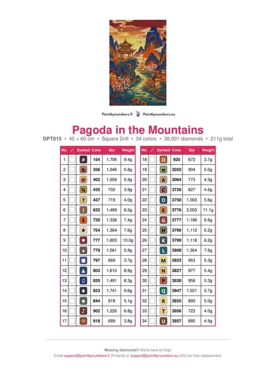 Pagoda in the Mountains timanttimaalauksen värikartta – 34 DMC-väriä