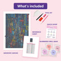 Thumbnail for What is included in the Tokyo Alley diamond painting kit - adhesive canvas, reference sheet, tools and numbered drill bags