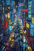 Thumbnail for Diamond Painting of a bustling neon-lit city street scene after rain.