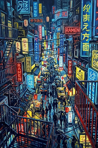 Diamond Painting of a bustling neon-lit city street scene after rain.