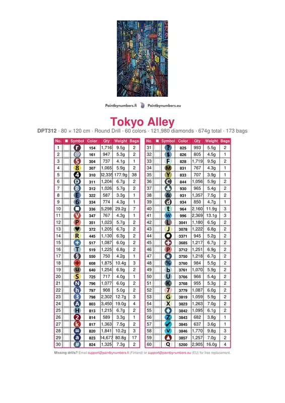 DMC color chart for Tokyo Alley diamond painting - 60 colors