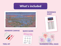 Thumbnail for Contents of the Tokyo Skyline 160x80 cm diamond painting kit: adhesive canvas, color chart, tools, and diamond bags