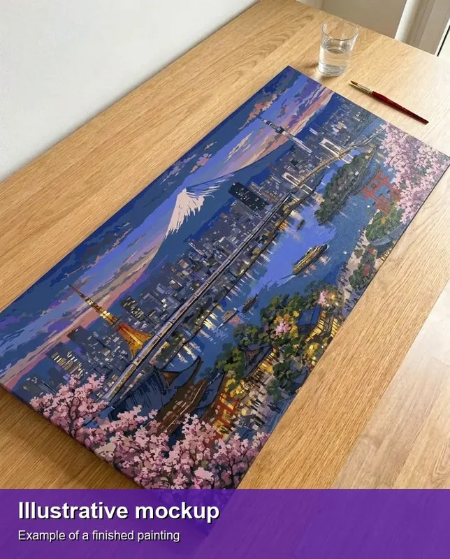 Illustration of the completed paint by numbers - Tokyo Skyline and Mount Fuji 80x40cm