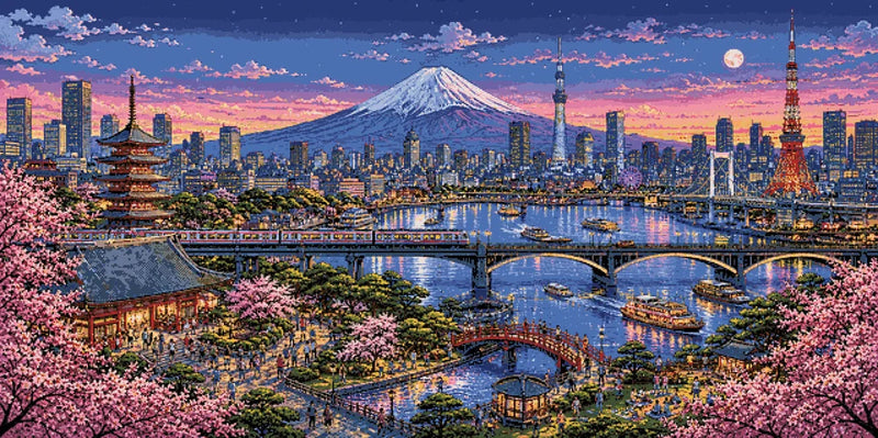 Diamantmönster: Tokyos stadslandskap med körsbärsblommor, Tokyo Tower och Fuji