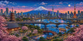 Thumbnail for Diamond painting of the Tokyo cityscape, cherry blossoms, and Mount Fuji in evening lighting.