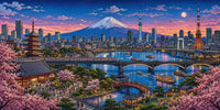Thumbnail for Diamond painting of the Tokyo cityscape, cherry blossoms, and Mount Fuji in evening lighting.