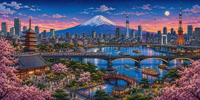 Diamond painting of the Tokyo cityscape, cherry blossoms, and Mount Fuji in evening lighting.