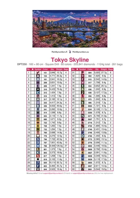 Tokyo Skyline diamond painting color chart – 60 DMC colors