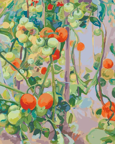 Paint by numbers of Pekka Halonen's Tomatoes, showing ripe and unripe tomatoes growing on the vine.