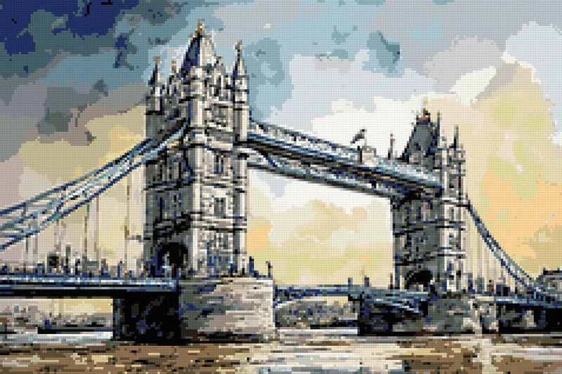 Diamantmönster: Tower Bridge med grå torn och blå brodelar mot en guldfärgad bakgrund