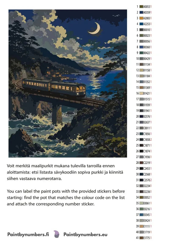 Paint color chart and instructions - Train on Coastal Bridge 40x50cm