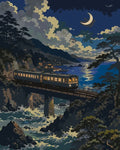 Thumbnail for Train crossing a coastal bridge at night paint by numbers