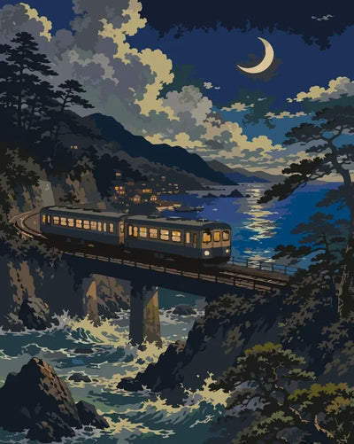 Train crossing a coastal bridge at night paint by numbers