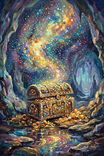 Diamond painting featuring an enchanted cave and a sparkling treasure chest with its gemstones.